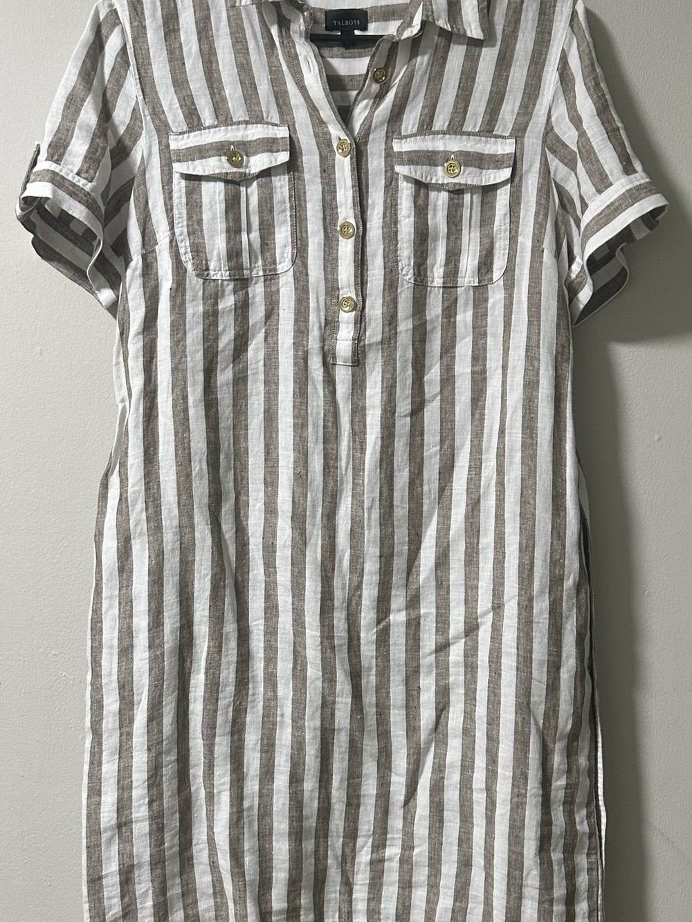 Talbots White and Taupe Striped Linen Button Shirt Dress